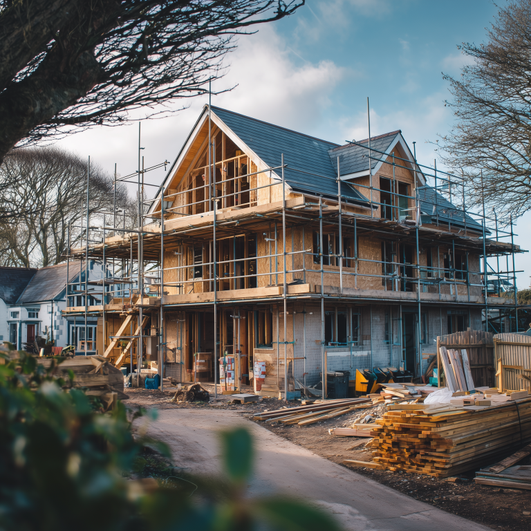 Construction site, house with scaffolding